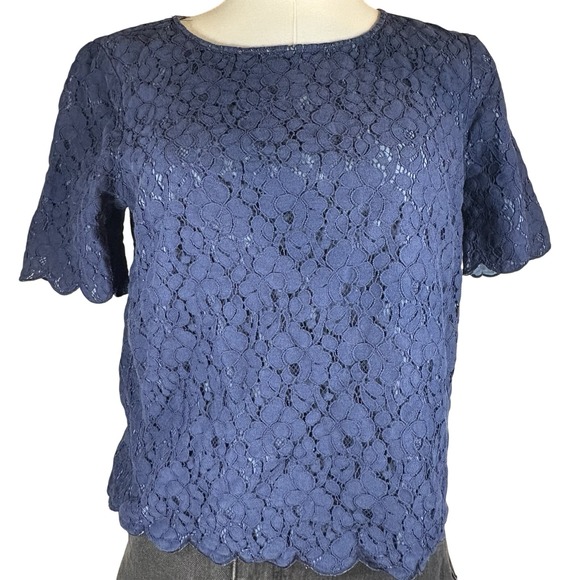 Madewell Tops - Madewell Womens Scalloped Short Sleeve Lace Top Navy Blue Size Small Cropped